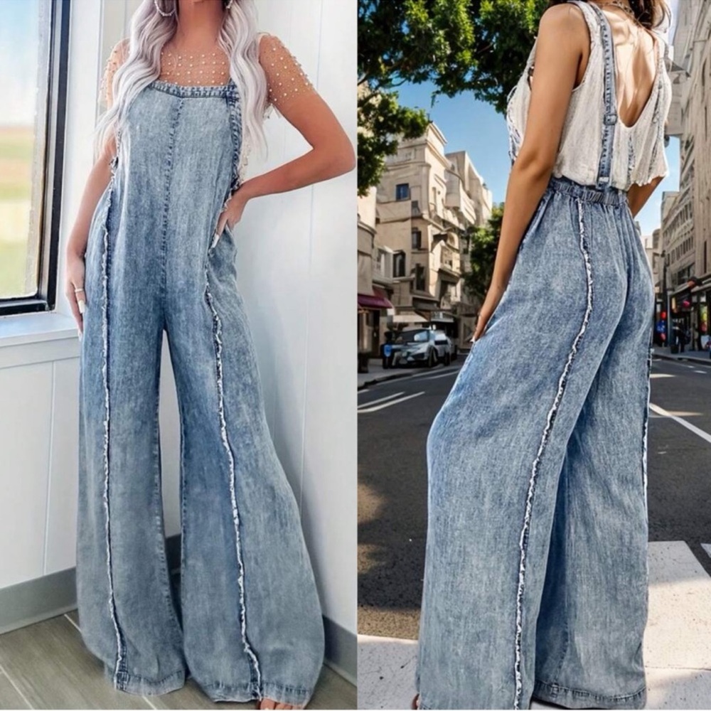 Light wash Denim Frayed Detail wide leg Jumpsuit Overalls - Picture 1 of 4